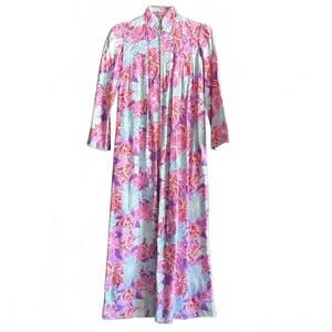 Vintage David Brown California Floral Kaftan Dress Housecoat Size SP 80s Retro